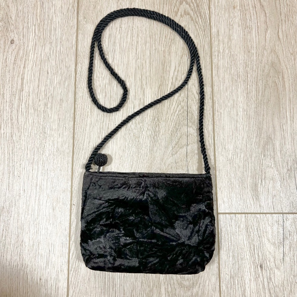 Bechamel Black Crushed Velvet Crossbody Bag Evening Purse Braided Rope‎ Strap
